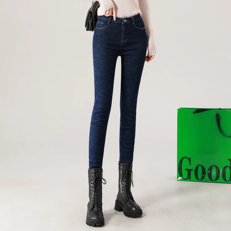 2023 Fashion Women Stretch High Waist Pencil Pants Casual Female Velvet Jeans High Quality Fleece Mom Jeans Thick Plush Pants