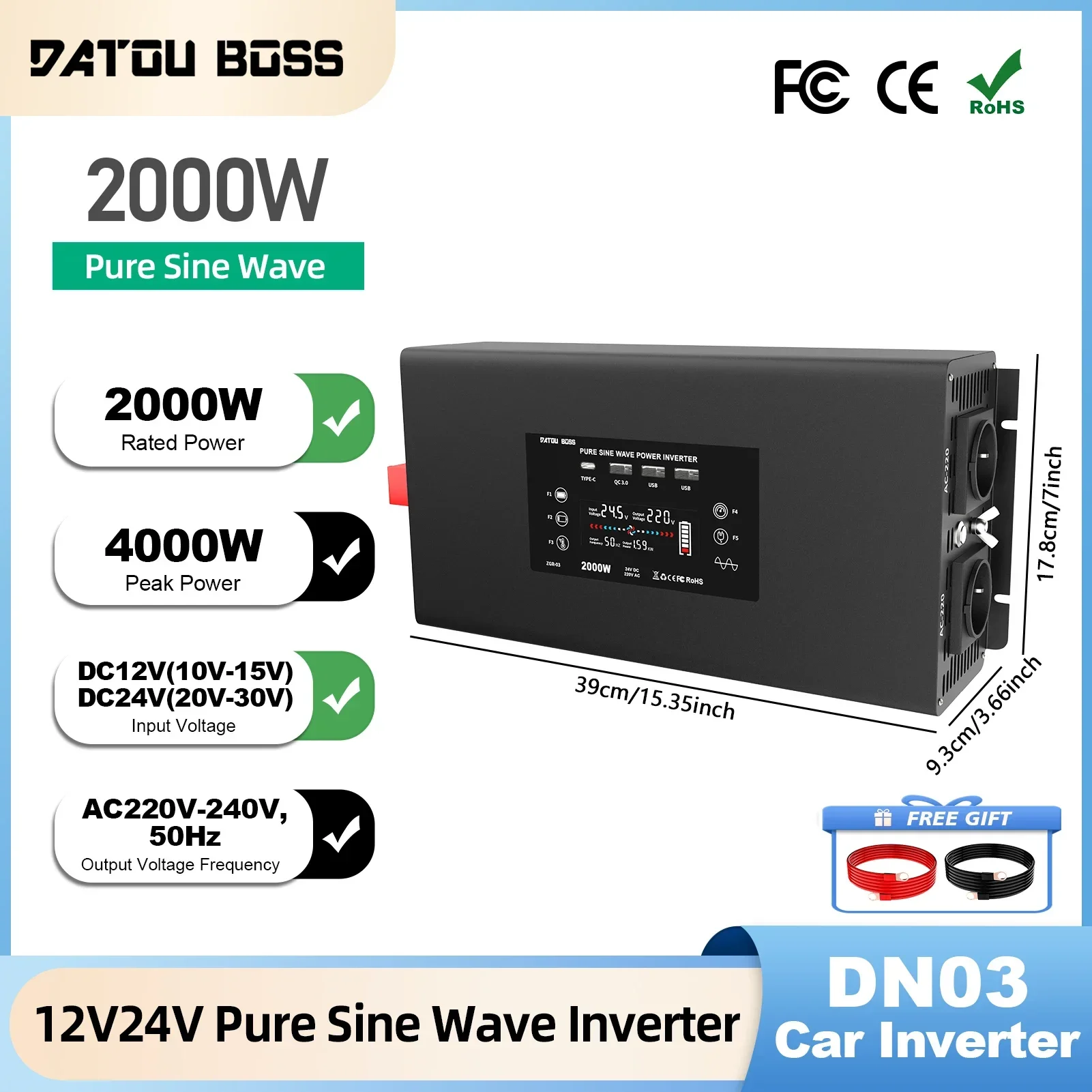 DATOUBOSS Onduleur portable pour voiture 2000W 12V/24V, puissance de pointe 4000W, onduleur à onde sinusoïdale pure pour une sortie de puissance stable et durable sur le long terme