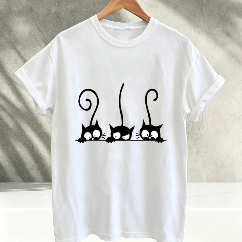 Three Curious Black Cats Cartoon Graphic T-Shirt Cute Kitten Peeking Design Crew Neck Unisex Cat Lover Simple Cotton Novelty Tee