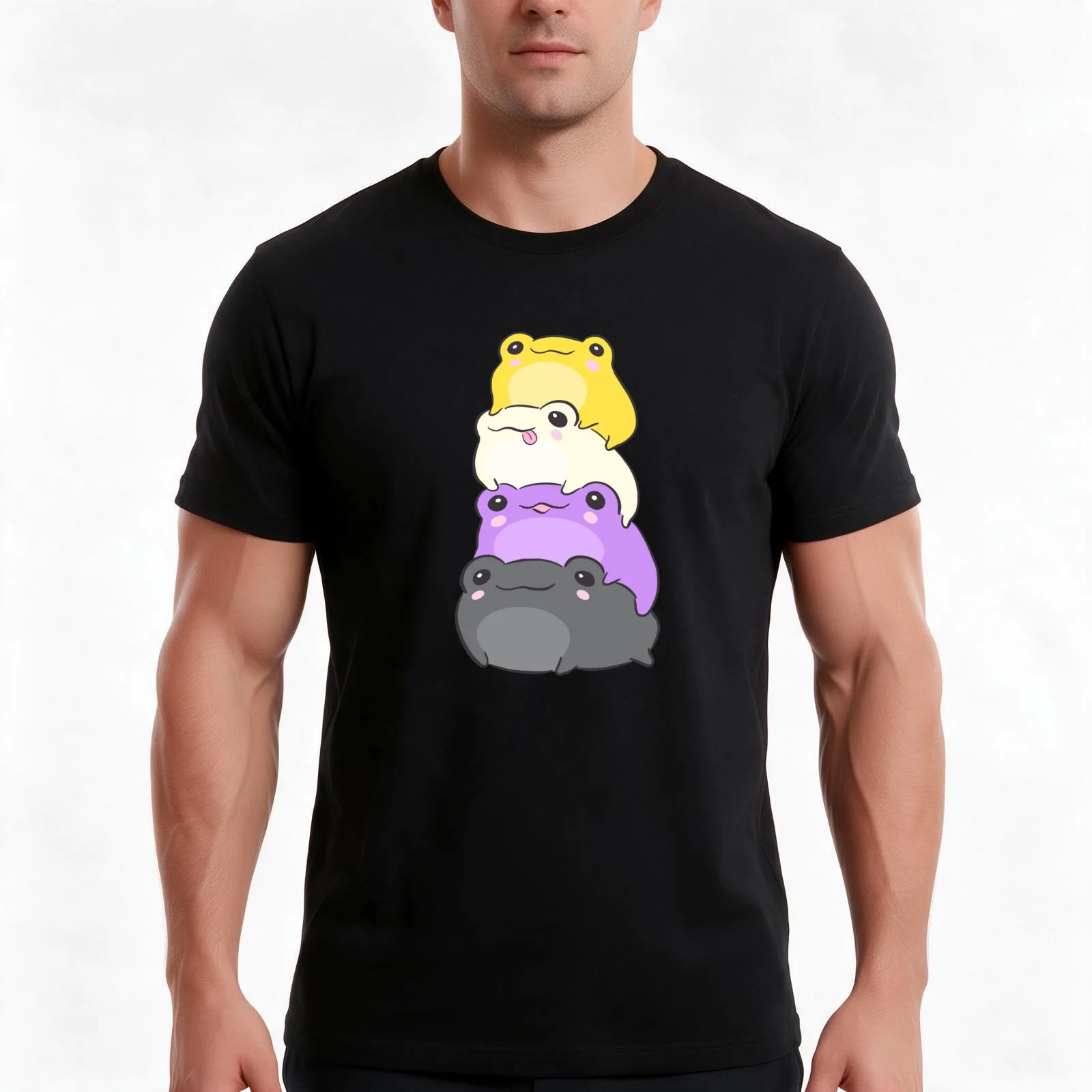 Nonbinary Pride Frog - Cute Kawaii Aesthetic Frog - Subtle Non-Binary Enby NB Pride Flag Colors Frog Pile T-Shirt, 100% Cotton