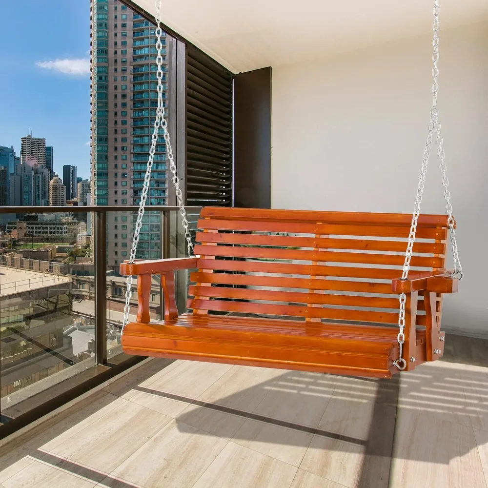 

Pedestrian Swing with Chain and Cup Holder, Double Wooden Patio Swing Chair, Customizable