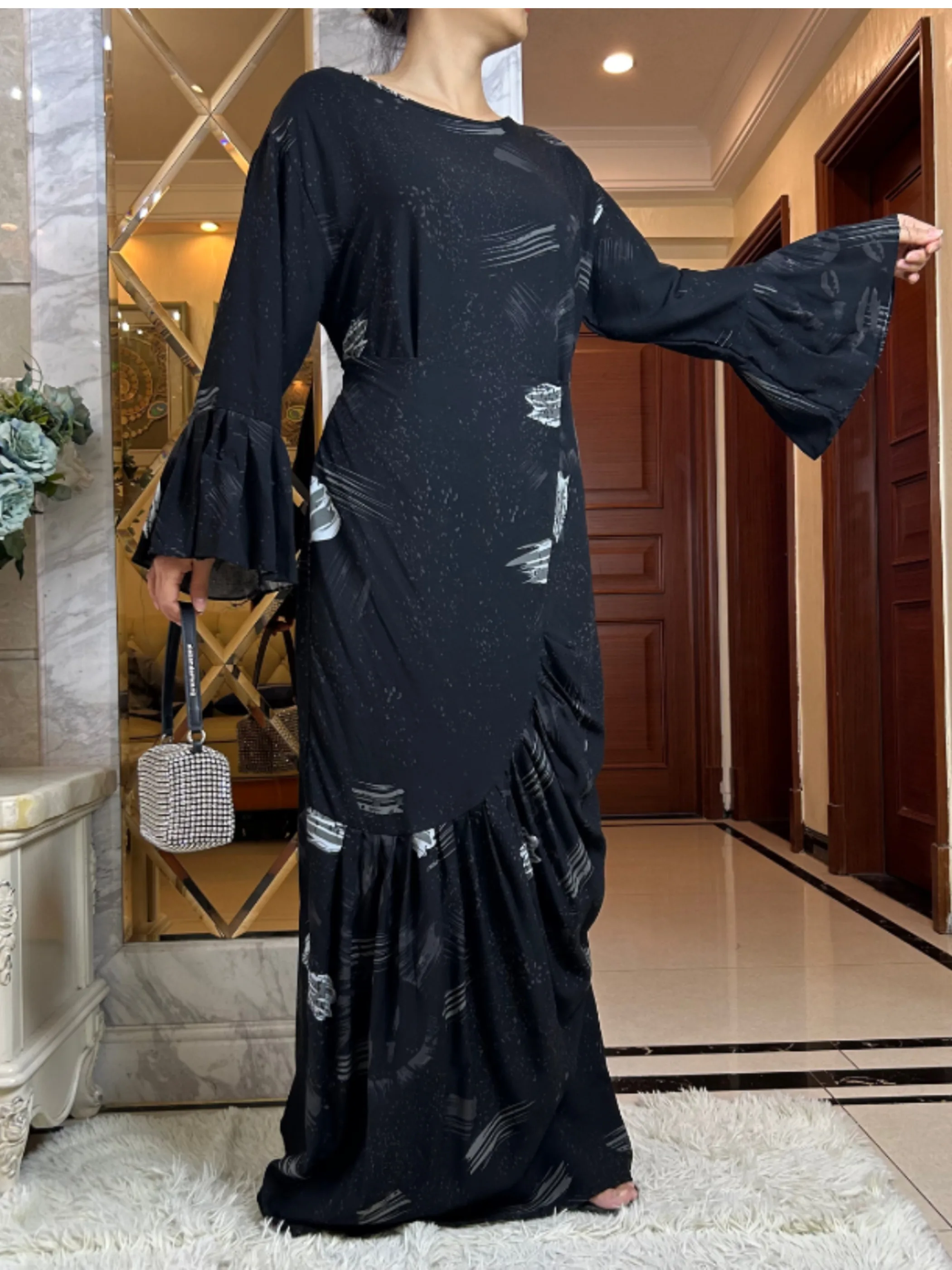 Latest Dubai Fashion Lady Clothing Soft Cotton Printing Loose Maxi Islam Women  Long Sleeve African Abaya Dress With Scarf