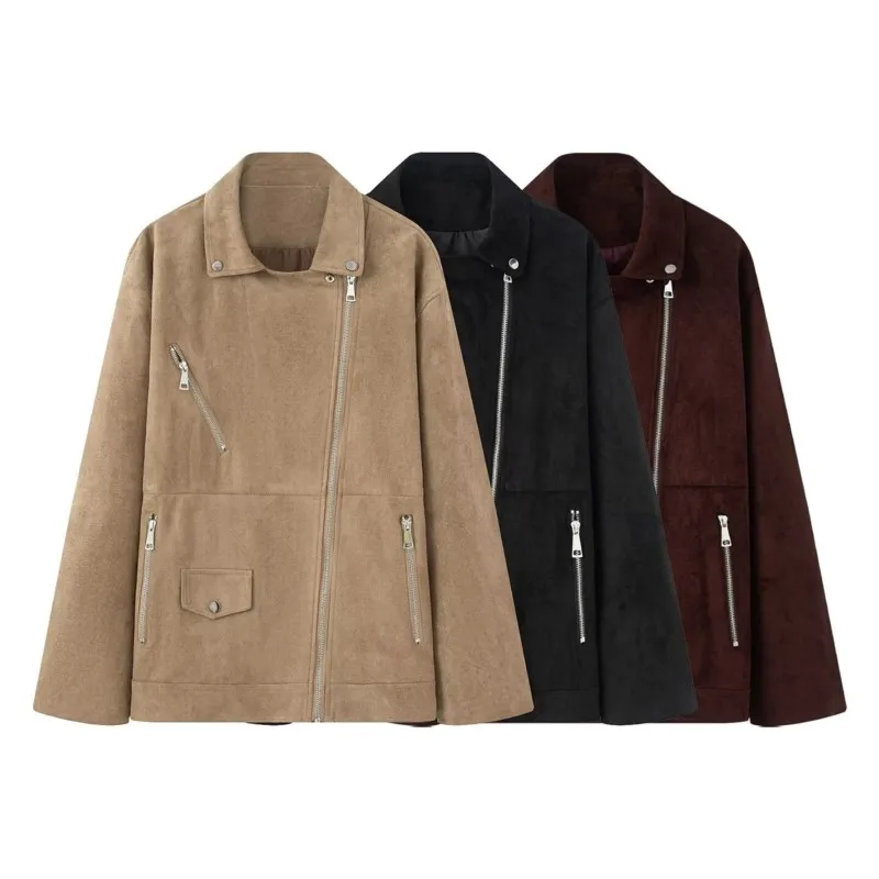

Women Suede Texture Jacket with Zipper Autumn Fashion Lapel Collar Pockets Long Sleeve Women's Jacket Causal Female Chic Jacket