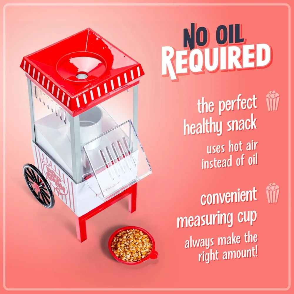 เครื่องทําป๊อปคอร์นอากาศร้อนสไตล์วินเทจ - ใช้ได้ถึง 12 ถ้วย ปลอดน้ํามัน ป๊อปคอร์นเพื่อสุขภาพ - รถเข็นยืนแบบคลาสสิกพร้อมล้อ
