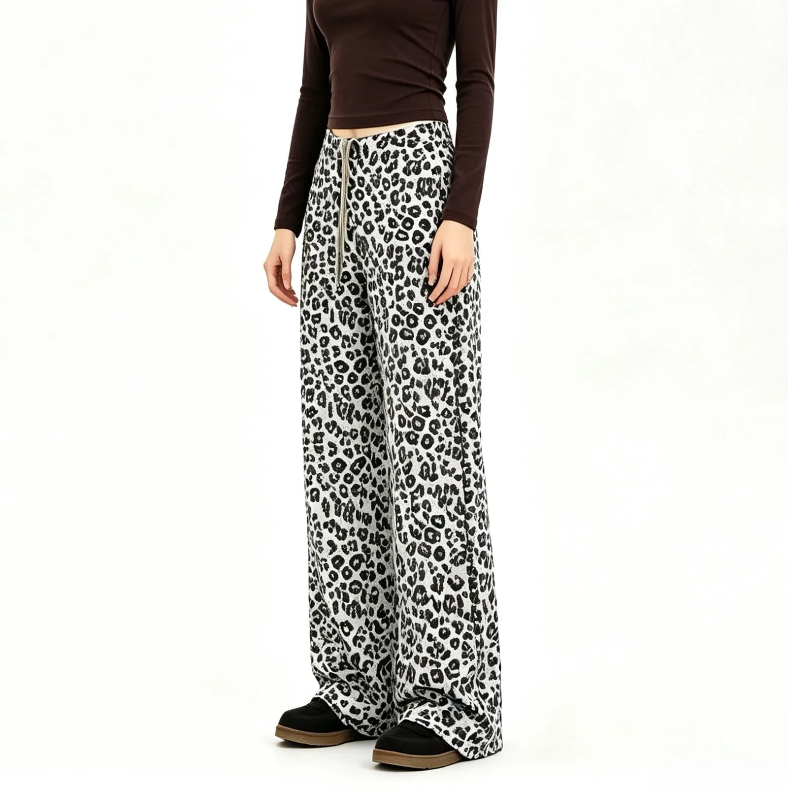 Leopardenmuster-Hose mit geradem Bein für Damen, Leggings, hochtaillierte, locker fallende Sporthose, Damen-Fitnesshose, schlankmachende Yogahose. – Detail 5