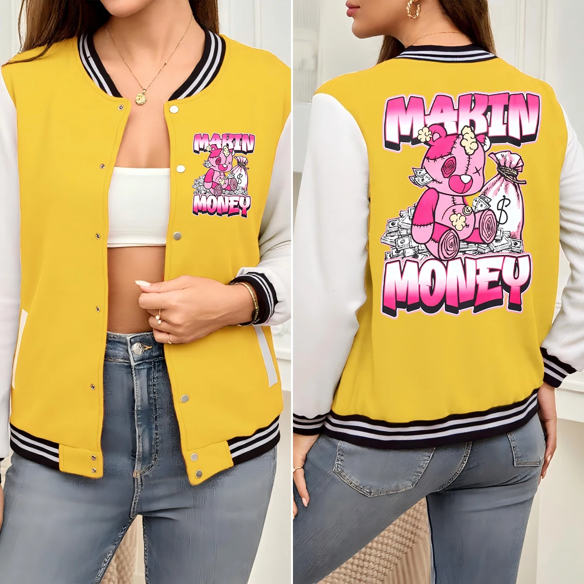 

Pink Money Cartoon Bear Design Women Baseball Uniform Fashion Cotton Jackets Autumn Sport Streetwear All-Match Female Clothes
