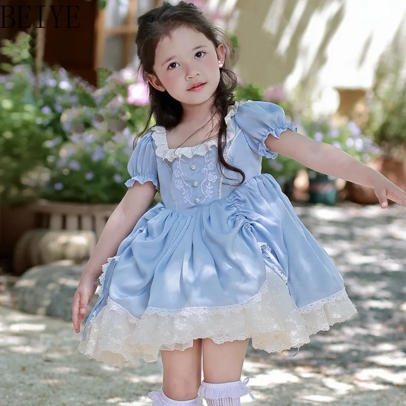 Lolita Blue Tutu Original Design Girls Summer Dress Short Sleeve Sweet Princess Dress Summer Children Birthday Wedding Dress
