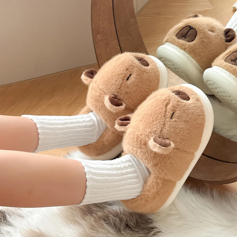 Capybara-Plüsch-Hausschuhe für Damen, flauschige Winter-Mules, Plateauschuhe, Mädchen-Freizeit-Innen-Schlappen, flauschige Fell-Slides, Unisex-Schuhe – Detail 5