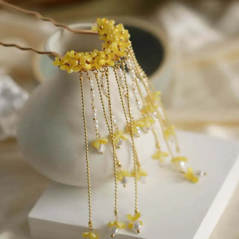 Ancient Style Osmanthus Hairpin with Tassels, Hanfu Hairpin, Ming-Style Accessories, Women's Hair Curtain, Step-Robe, Horse-Face Skirt Hair Ornament view 3