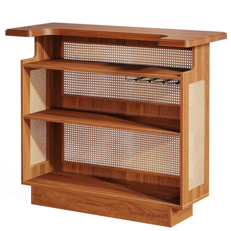 Rattan household bar, 4-story bar table with 4 wine glass holders and raised base, wine bar cabinet mini bar table