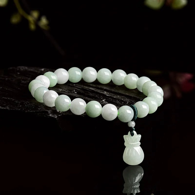 Natural Tianshan Cui Golden Silk Jade round Beads Bracelet Exquisite Simple Couple Fashion Jewelry Money Bag