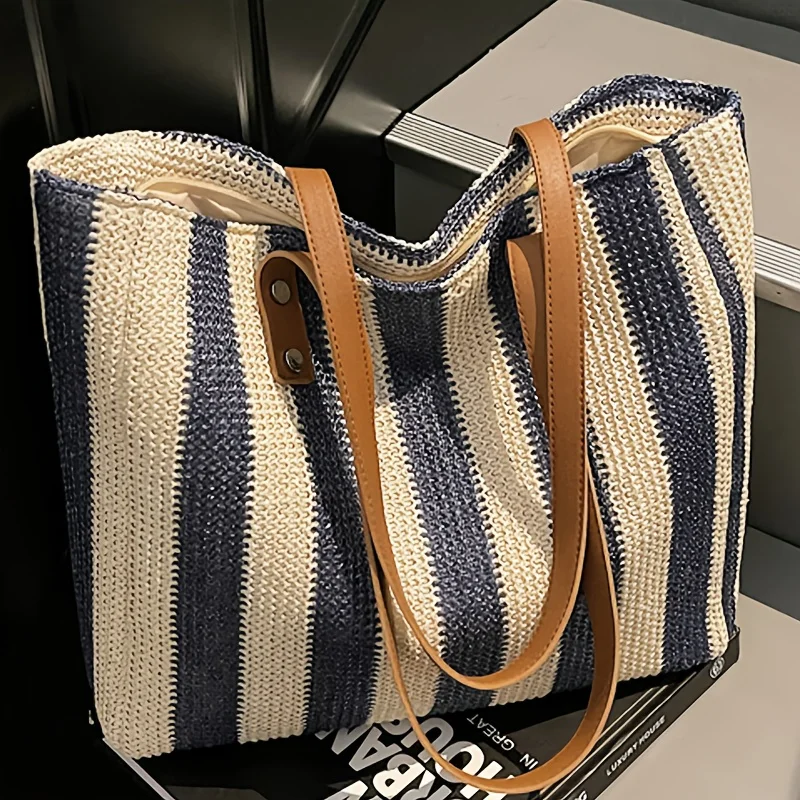 

Women Fashion Classic Striped Shoulder Bag Large Capacity Handwoven Tote Beach Bag for Summer Vacation