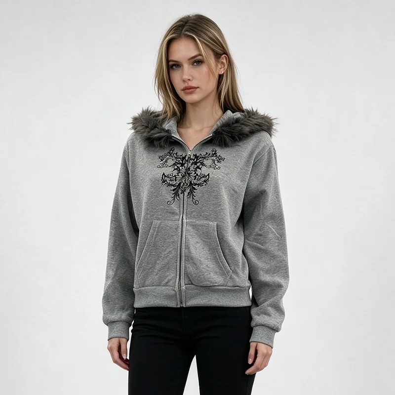 Women's Autumn New Cross Print Zipper Hooded Sweatshirt With Synthetic Fur Collar Retro Street Casual Loose Jacket