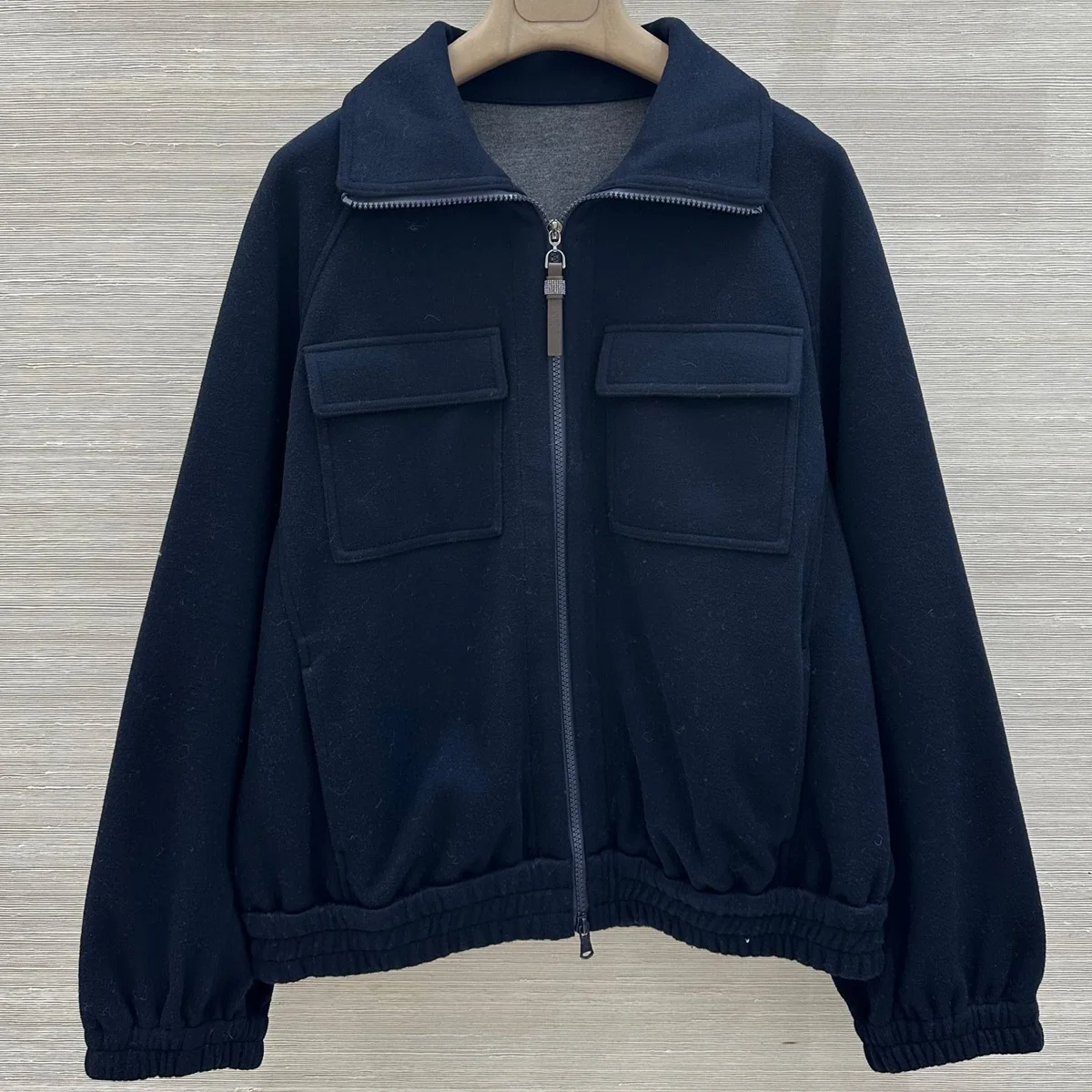 High Quality Women Lapel Zipper Jacket Patch Pocket Loose Cropped Outerwear lyt26101971