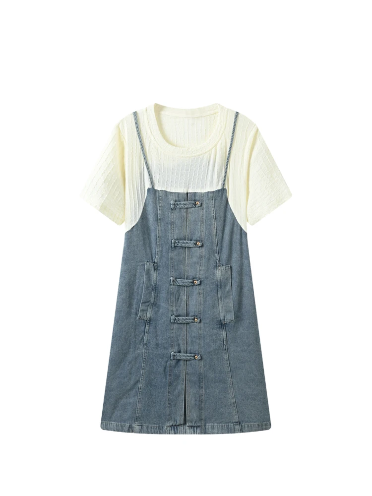 CaraCLUB plus Size Denim Overalls Dress Women's Summer Fashion High Waist Polyester Fiber Short Sleeve round Neck Midi Dress