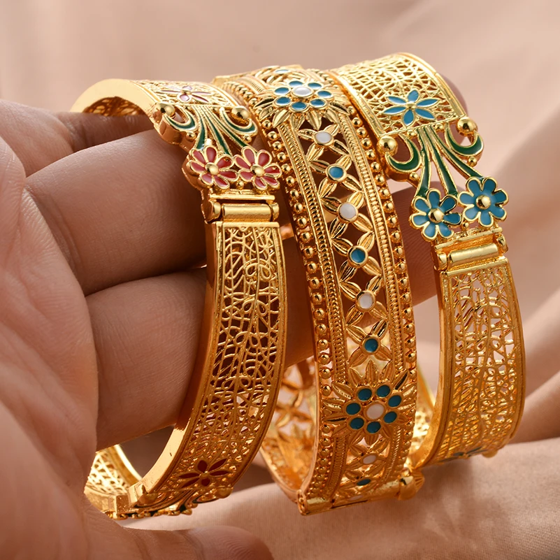 Dubai 24K Gold Color Bangles For Women Indian African Bracelets Charm Wedding Ethiopian Arabic Hand Jewelry Party Gifts