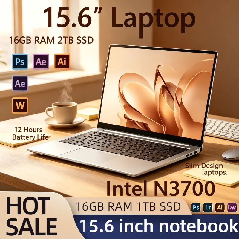 NEW Intel N3700 15.6 Inch Laptop 4 Core 4 Thread 1.6GHz Turbo 2.4GHz 16GB RAM 2TB SSD Ultra Slim Notebook Gamer Pro Elite PC