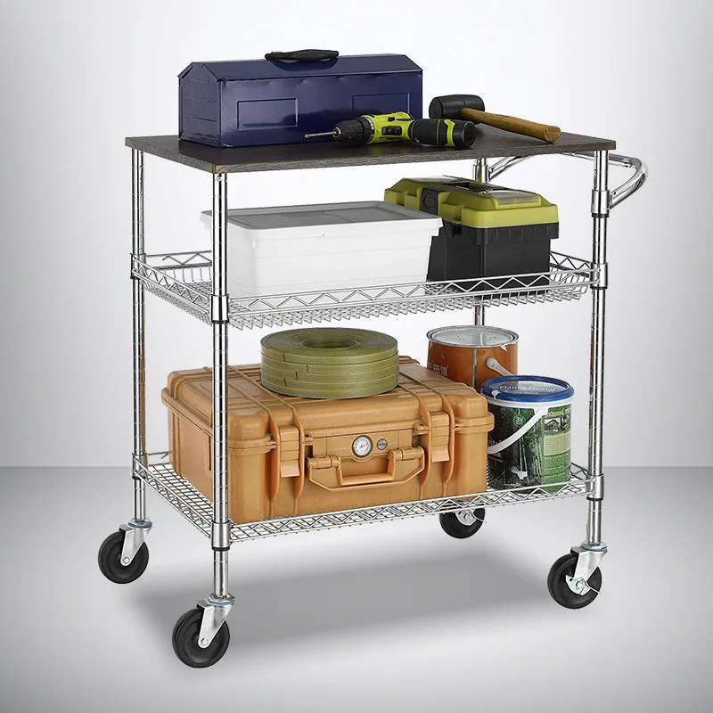 YJQ Groin Mesh Cart, Simple Carbon Steel Wooden Mesh Basket Storage Small Cart