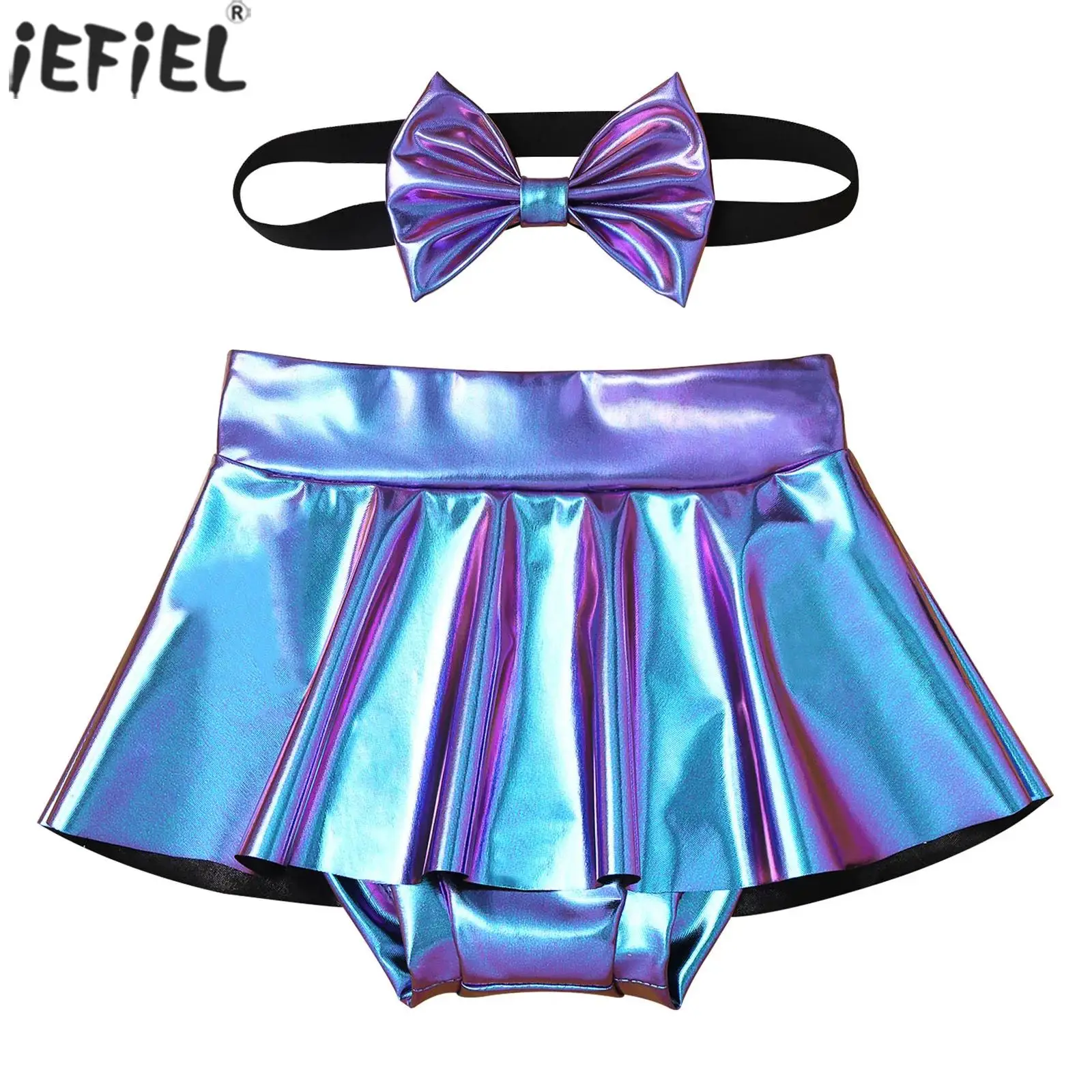 Newborn Infant Baby Girls PU Mini Skirts Metallic Shiny Diaper Cover Skirt with Bowknot Headband for Birthday Party Photography