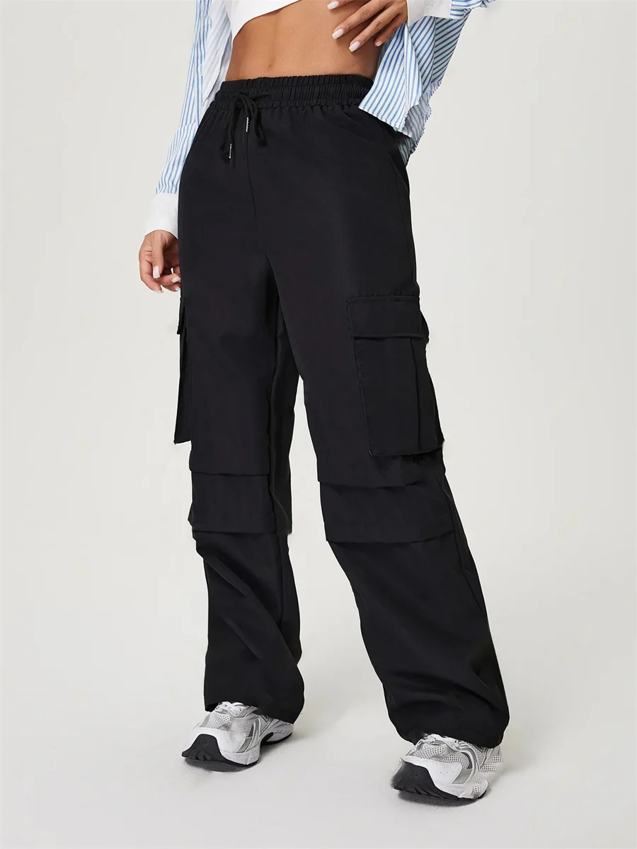 

Benuynffy Black Hip Hop Baggy Cargo Pants Women's Spring Fall Casual Drawstring High Waist Oversized Straight Wide Leg Trousers