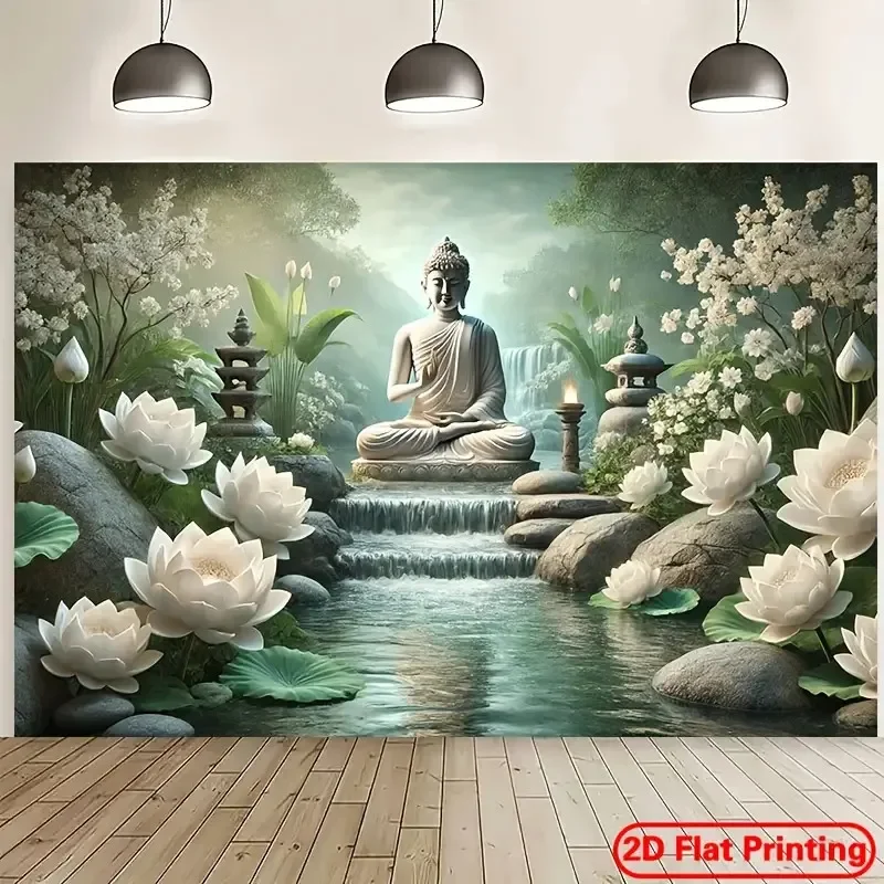 Ultra Large Buddha Lotus Waterfall Tapestry Wall Mural Zen Meditation Spiritual Art Print Asian Landscape Decor for Home Living