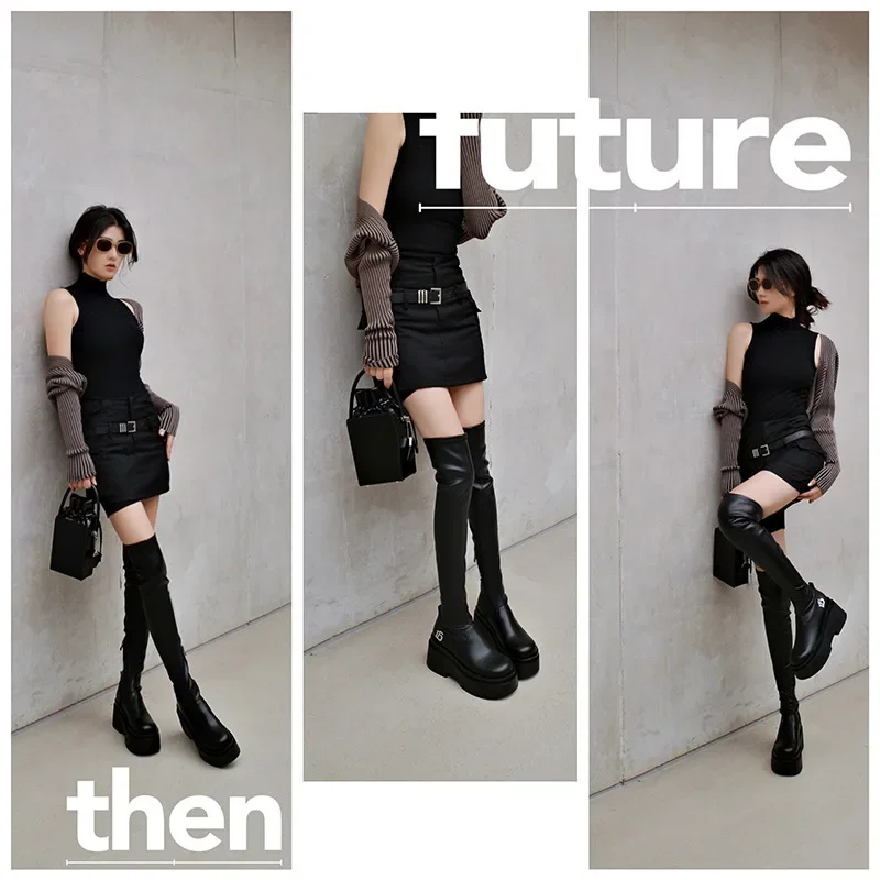 New Fashion Platform Comfy Women Boots Vintage Punk Over Knee high Stylish Motorcycle Boots Casual Goth Winter Boots For Women