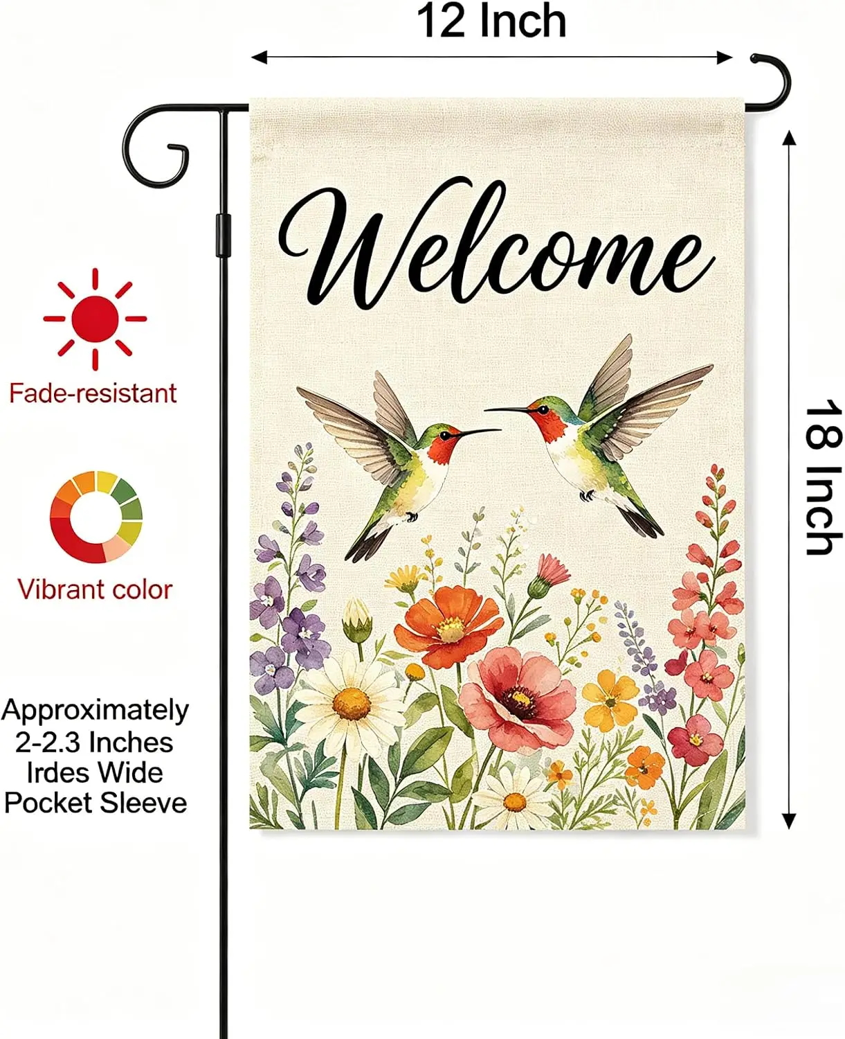Welcome Hummingbird Garden Flag, Double Sided, Spring Wildflowers Design, Fade-Resistant, 12x18 Inch kkz