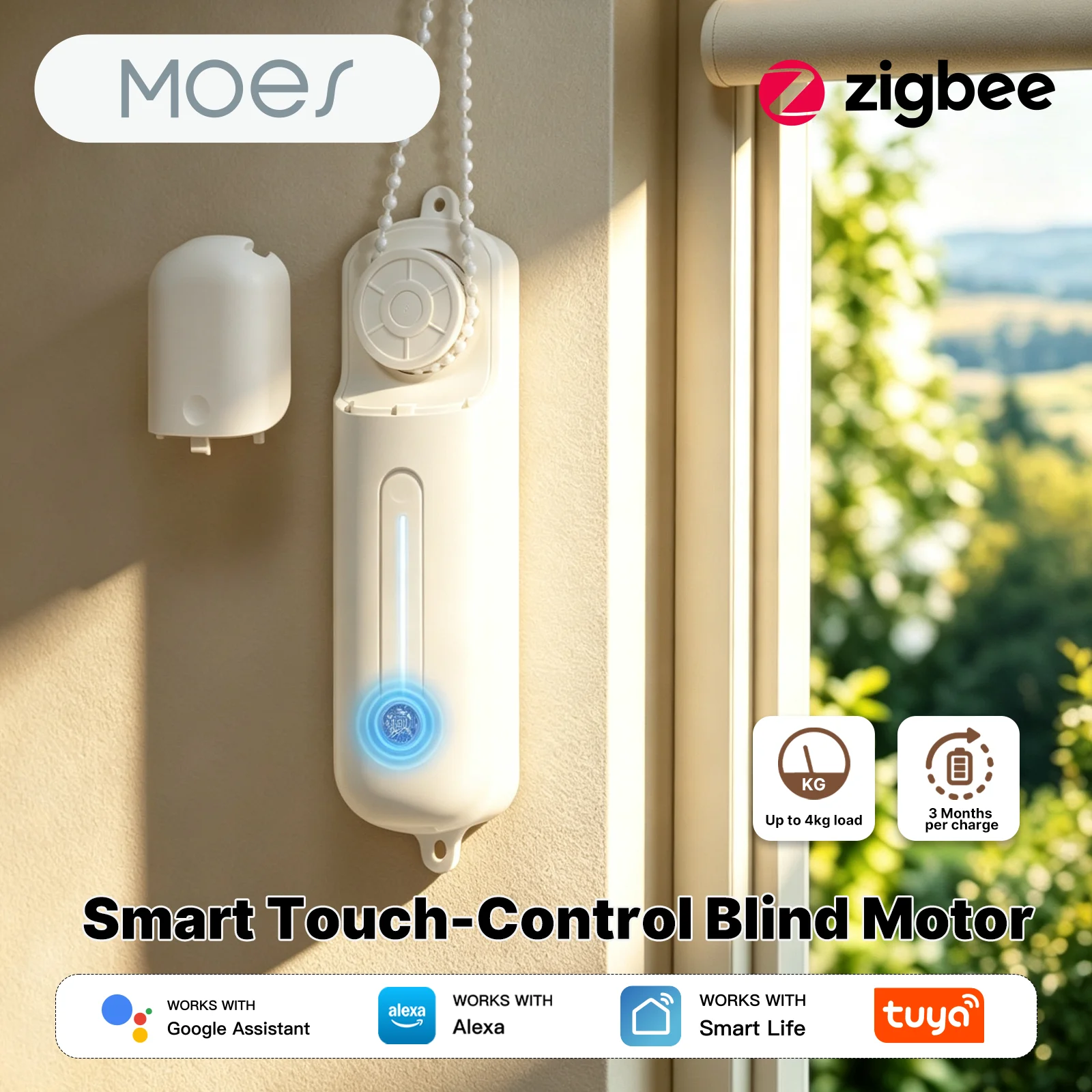 MOES Zigbee Smart Touch‑Control Blind Motor DIY Pull Chain Roller Shade Motor Tuya App Voice Control Alexa Google Home