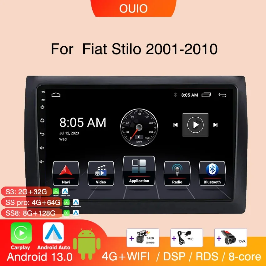 

8GB+128GB 4G Android 13 Radio For Fiat Stilo 2002 2003 2004-2010 Car stereo Multimedia Player Carplay Auto GPS navigation 2DIN