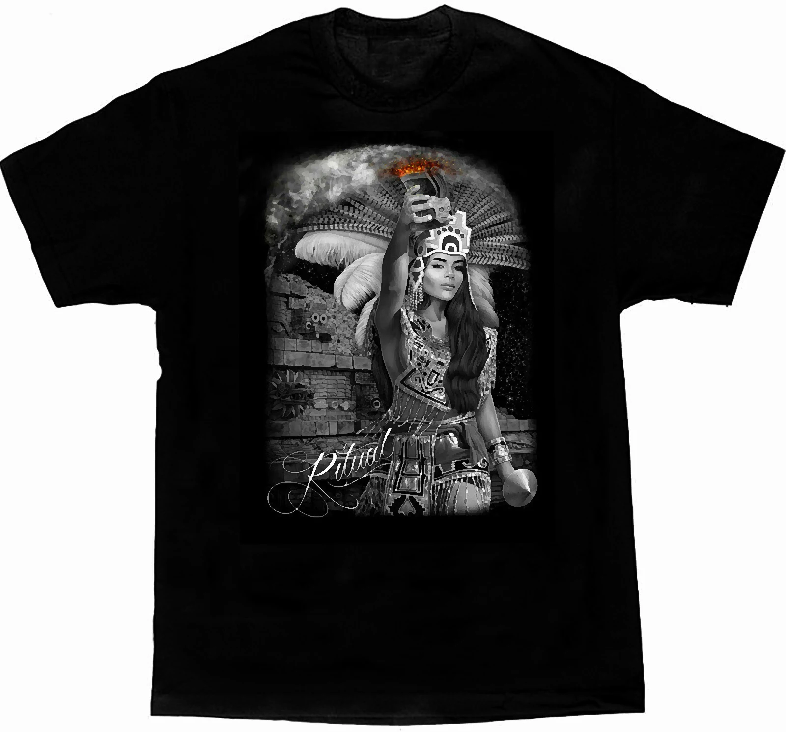 Ritual. Fashionable Mexican Mayan Aztec T Shirt. Short Sleeve 100% Cotton Casual T-shirts Loose Top Streetwear Size S-3XL