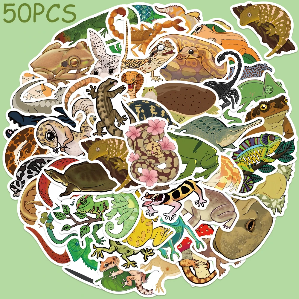 50pcs Cartoon Cute Reptiles Snake Frog Lizard Stickers Decals For Phone Laptop Luggage Scrapbook Guitar Waterproof Stickers