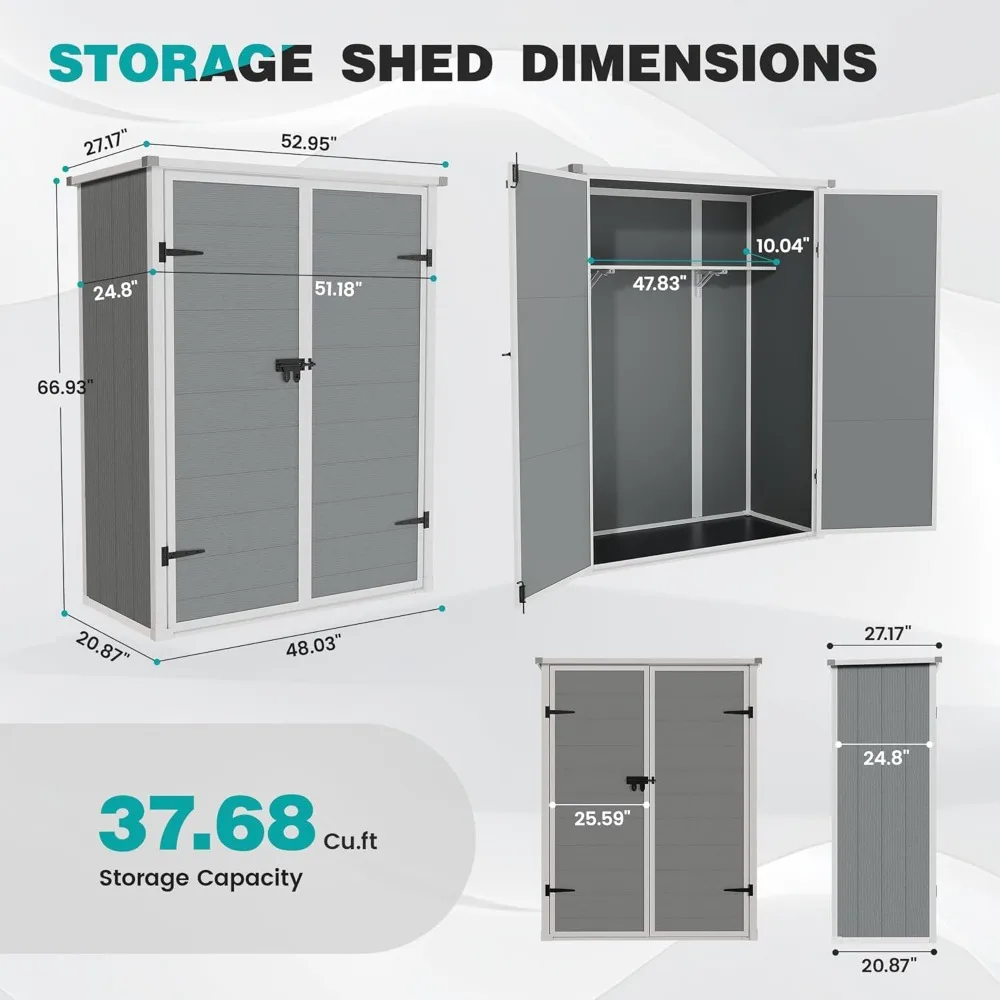 Resin Vertical Lockable Storage Shed, 4.3 Ft X 5.6 Ft Outdoor Storage Shed Waterproof Resin Cabinet for Garden