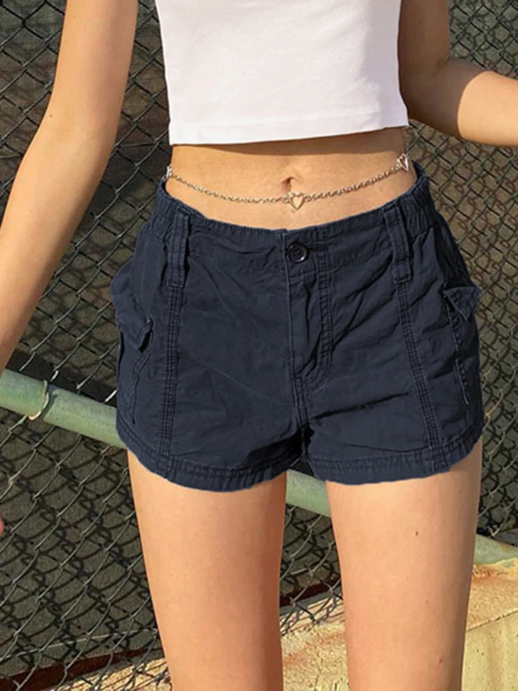 Rapcopter y2k Solid Cargo Shorts Pockets Elastic Band Low Waisted Shorts Harajuku Retro Basic Casual Sporty Bottom Women Biker