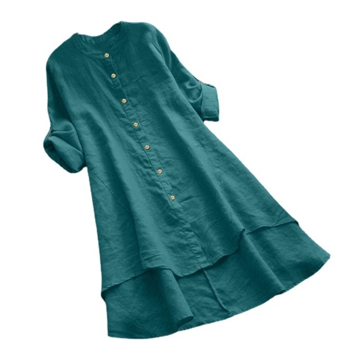 بلوزة نسائية من القطن والكتان بلون نقي طويلة Sve مستديرة Ne مستقيمة متوسطة الطول صينية للصيف