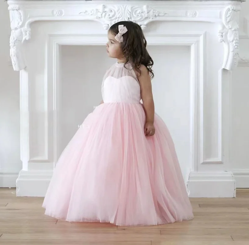 

Flower Girl Dresses Pink Tulle Halter Neck Sleeveless For Wedding Birthday Party Gown First Communion Dresses
