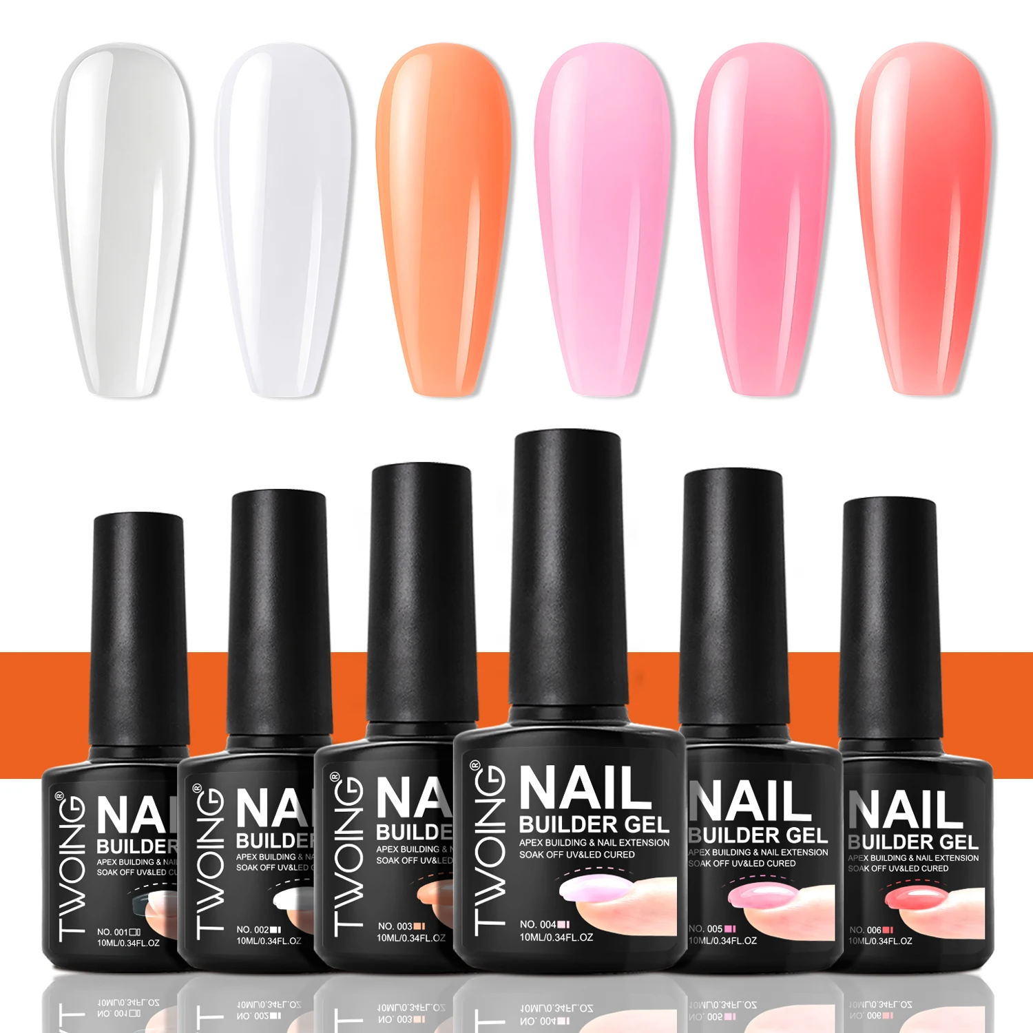 

TWOING 6 шт. набор гель для наращивания ногтей для наращивания ногтей и наращивания вершины, самовыравнивающийся УФ-светодиодный гель, быстрое усиление, дизайн ногтей