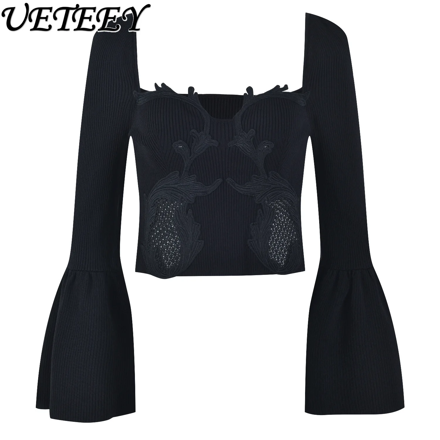 Spring Autumn New Solid Color Square Neck Flared Sleeve Lace 3D Hollow Knitted Top and Short Skirt Slimming Set for Women