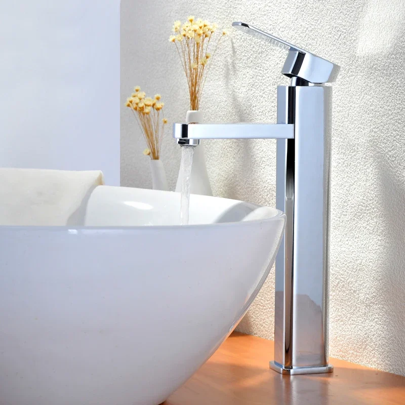 Bathroom Basin Faucet Modern Square Copper Vessel Sink Water Tap Deck Mounted Cold and Hot Water Mixer Tap Crane Single Handle