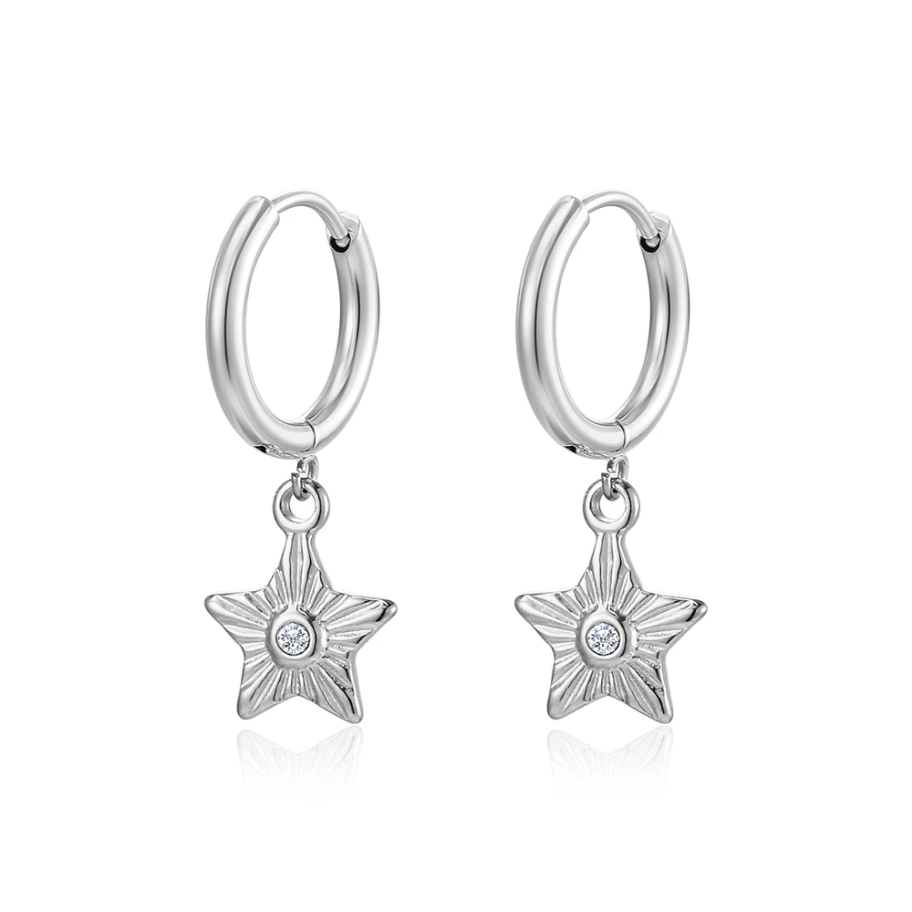 Stainless Steel Round Cricle Star Zircon Stone Women Hoop Earring Delicate Fashion Trend For Ladies