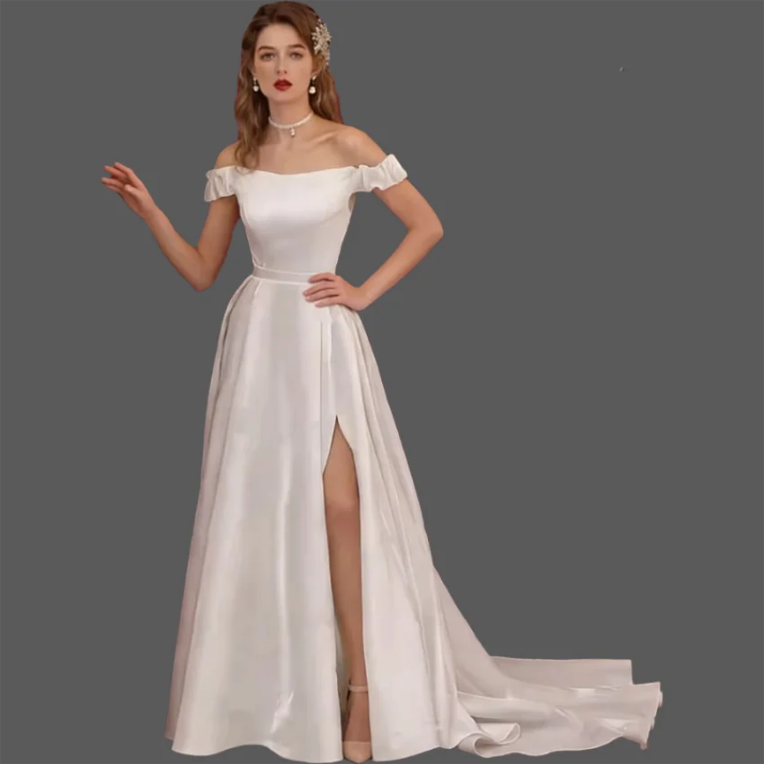 

Индивидуальные элегантные белые длинные свадебные платья А-силуэта из атласа с открытыми плечами, с разрезом, на шнуровке, vestidos de novia