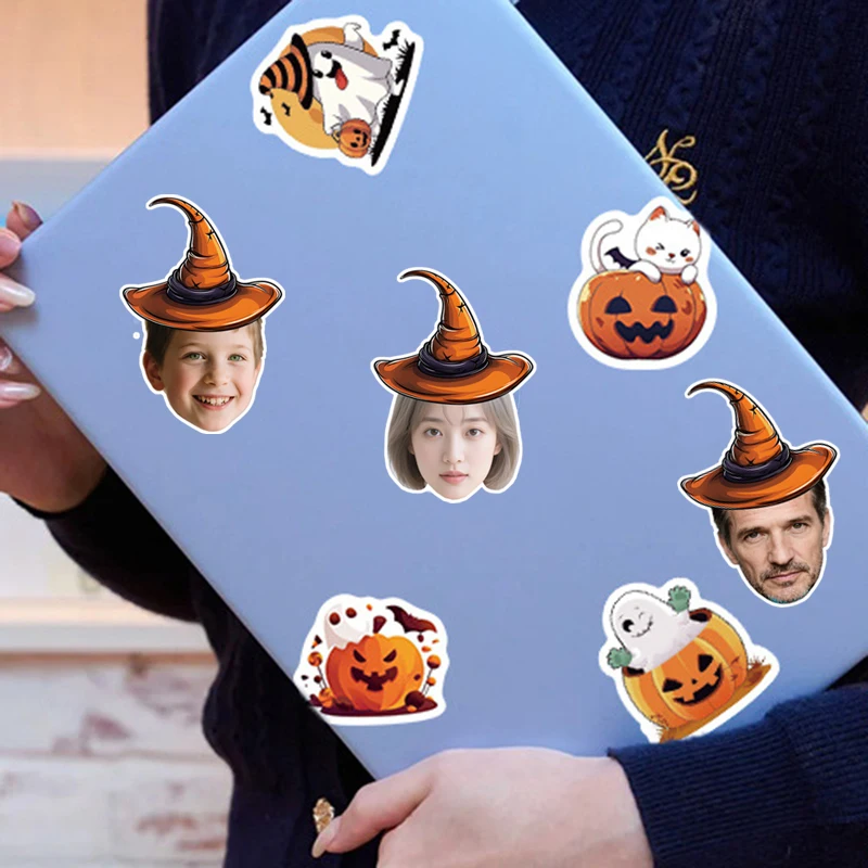 20/30pcs Custom Face Orange Pointed Hat Single Figure Scrapbook Stickers Personalized Halloween Magic Portrait Stickers