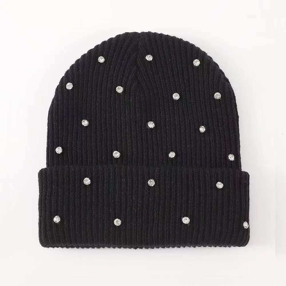 Diamond Encrusted Solid Color Beanie Hat American Style High Quality 100% Cotton Stretchable Casual Cap for Men And Women