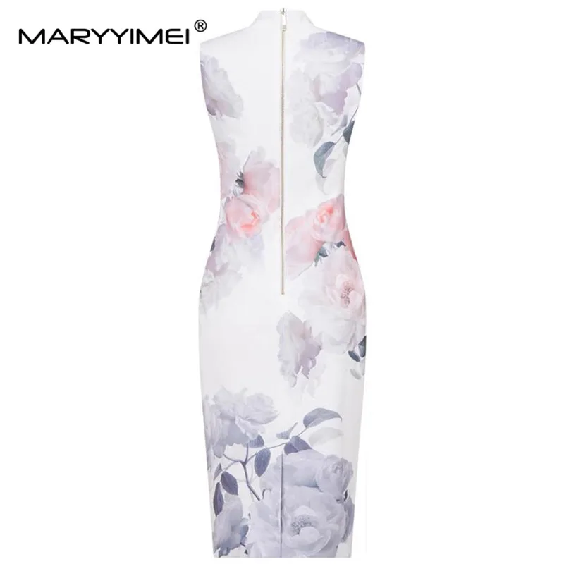 Imagem -02 - Maryyyimei-vestido sem Mangas com Decote em v Feminino Estampa Floral Pacote Fino Quadril Vestidos Elegantes Sexy Estilista de Verão