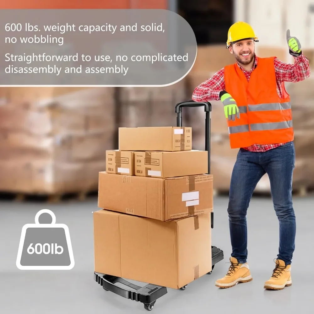 Folding Hand Truck 600lbs, Portable Heavy Duty Dolly Cart, 6 Wheels Collapsible Luggage Cart with 2 Elastic Ropes - Easy Moving