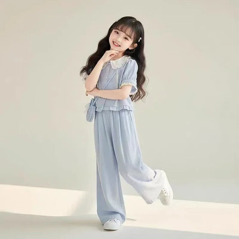 Girls' Summer Casual Set 2026 New Preppy Style Cute Short Sleeve T-shirt Wide Leg Pants Two Piece Set