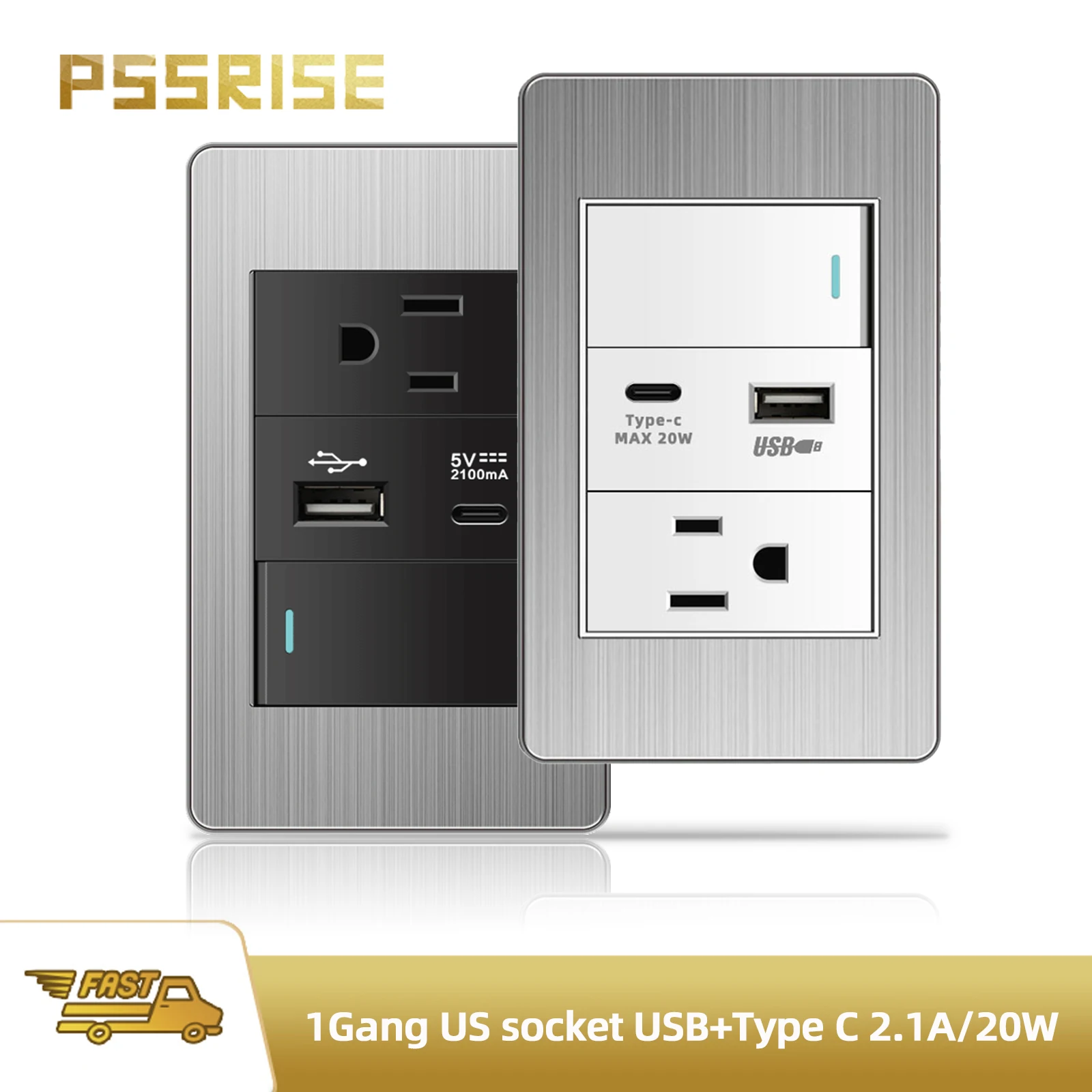 

PSSRISE Американский настенный электрический переключатель, розетка из нержавеющей стали, мини-розетка с USB-розеткой типа C 5 В, 2100 мА, быстрая зарядка