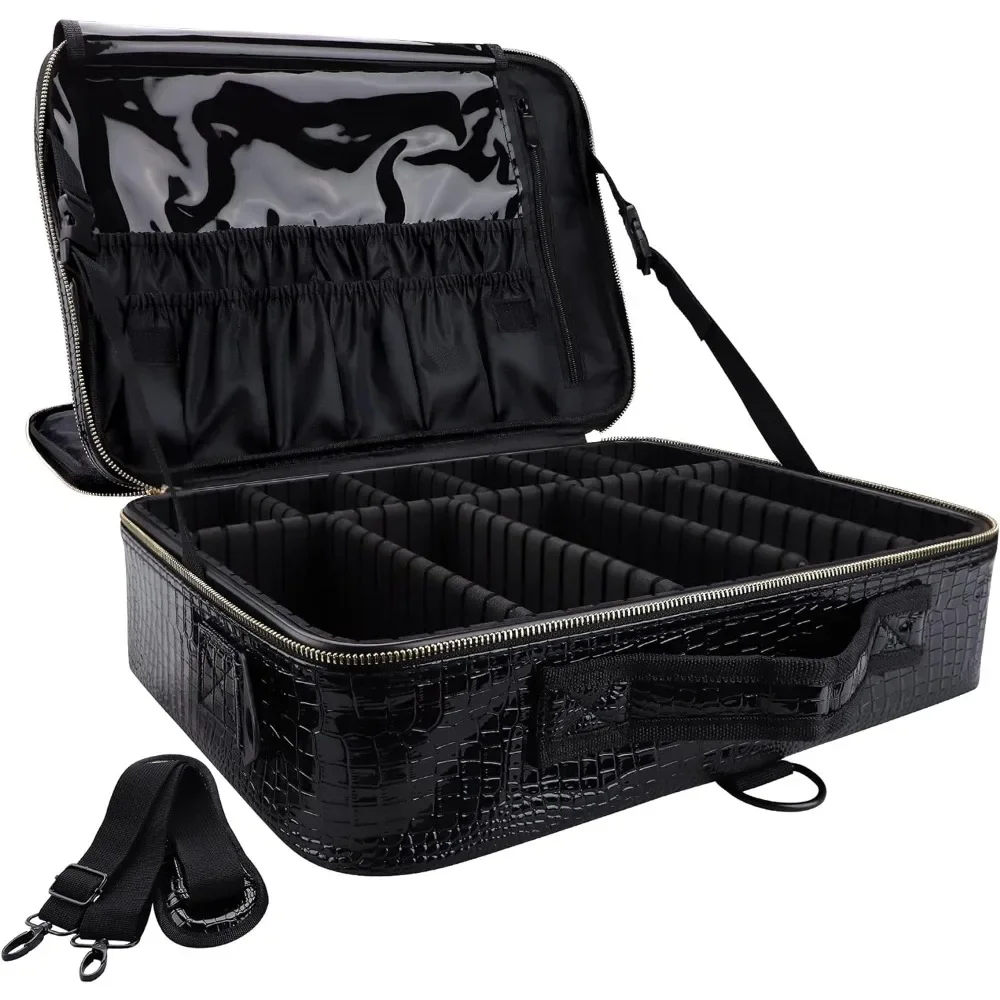 Leather Professional Makeup Case 16 Inches Large Travel Makeup Bag Organizer with Shoulder Strap（L-Black Crocodile）