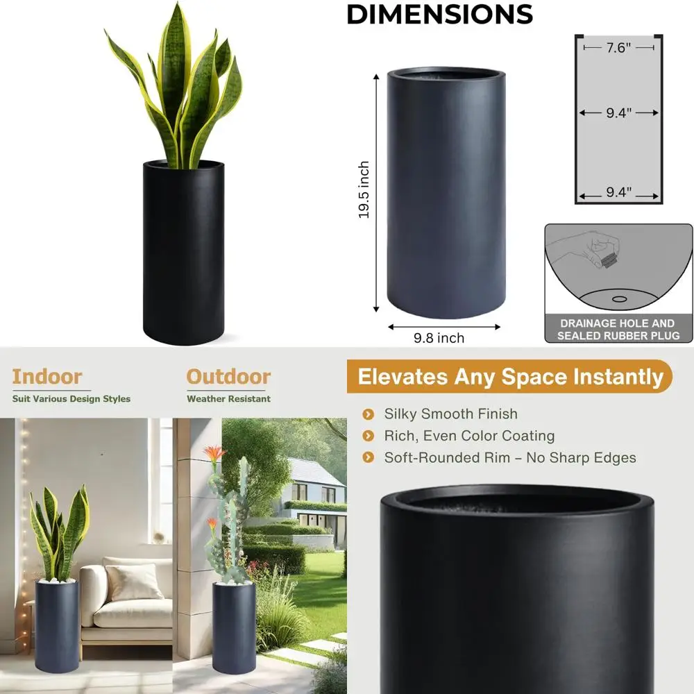 

Weatherproof Tall Fiberstone Cylinder Planter with Drainage, Smooth Finish, Suitable for Indoor and Outdoor Use