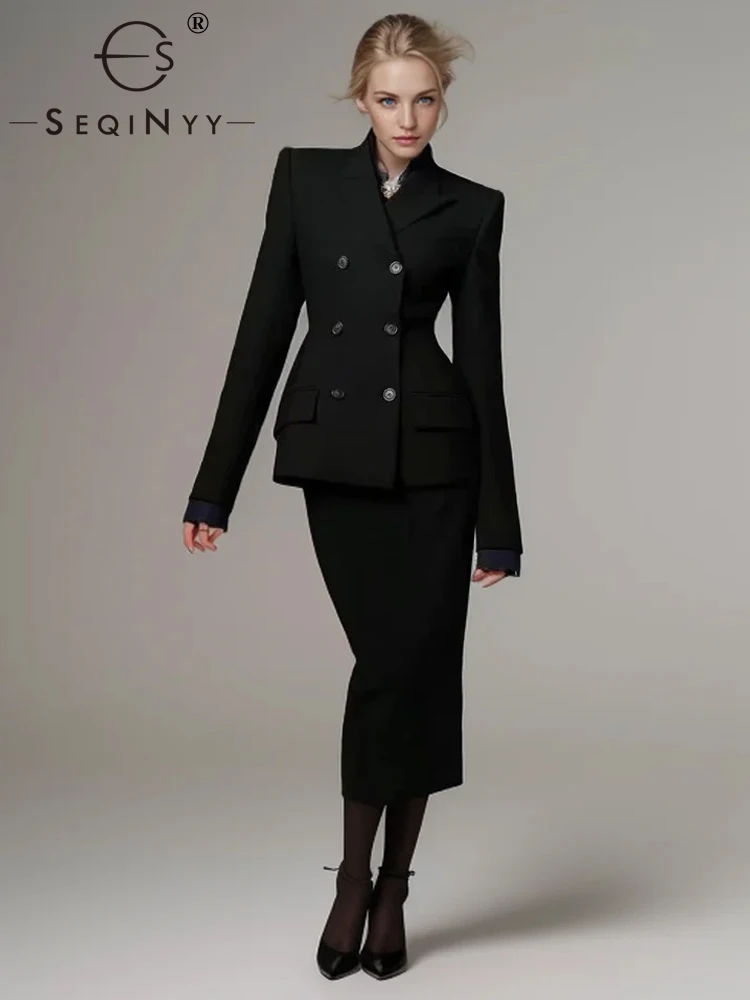 SEQINYY Elegant Black Suit Spring Autumn New Fashion Design Women Runway Blazer + Pencil Skirt Office Lady High Street