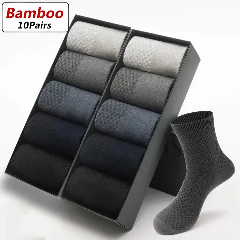 10pairs/Men\'s Bamboo Fiber Men\'s Socks Solid Color Classic Business Black Stockings Casual Breathable Formal Socks Large EU38-45